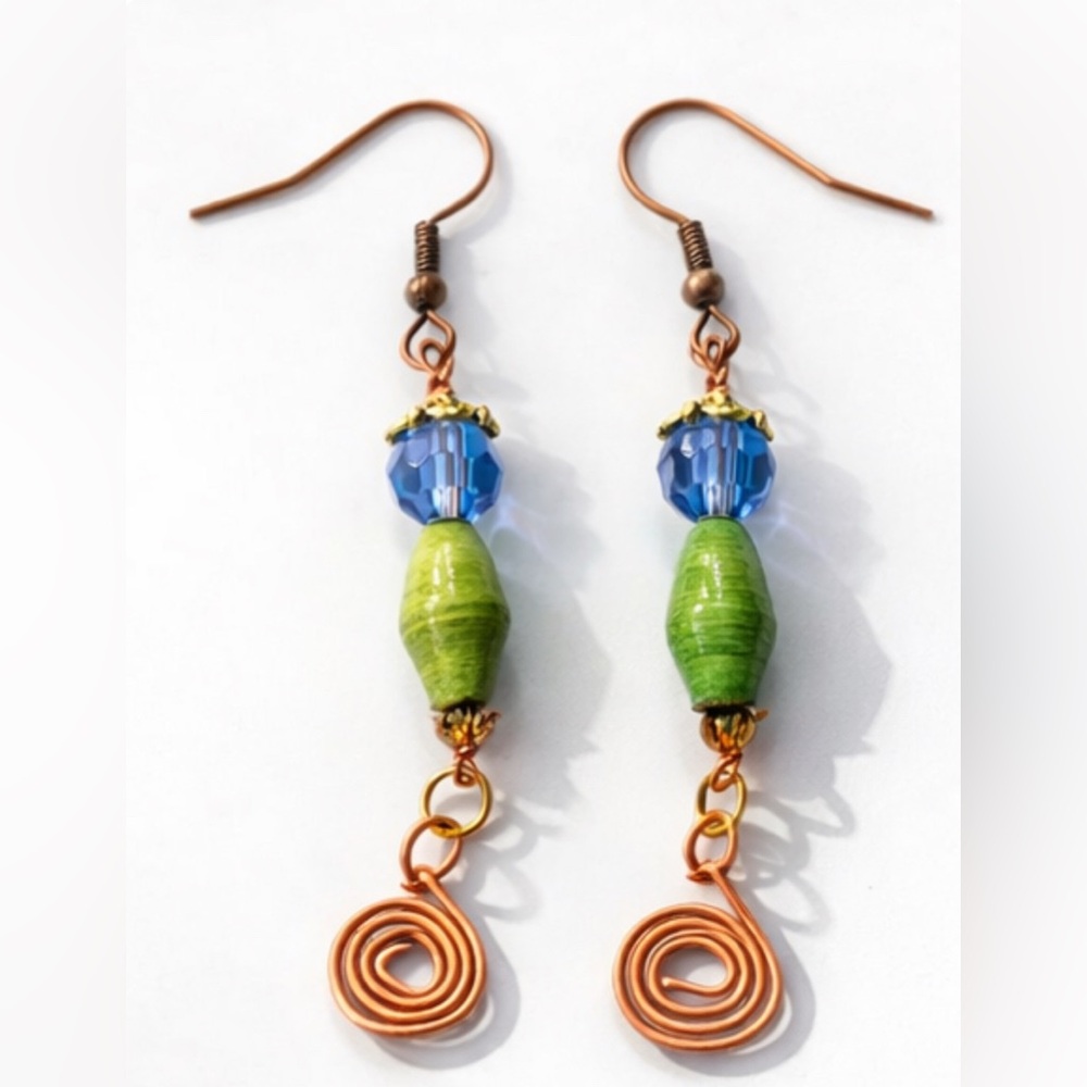 Artisan Copper Spiral Earrings with Green and Blue Beads